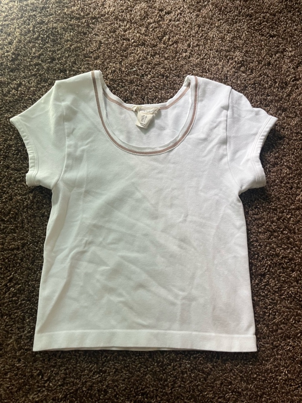 White Scoop Neck Short Sleeve Women’s Tee with Beige Contrast Trim